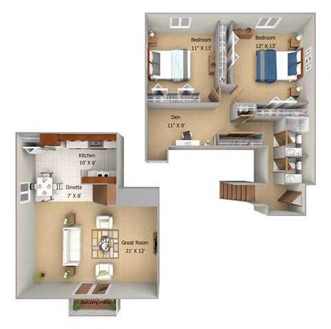 Floor plan for 2 beds, 1.5 baths, 1150 sqft